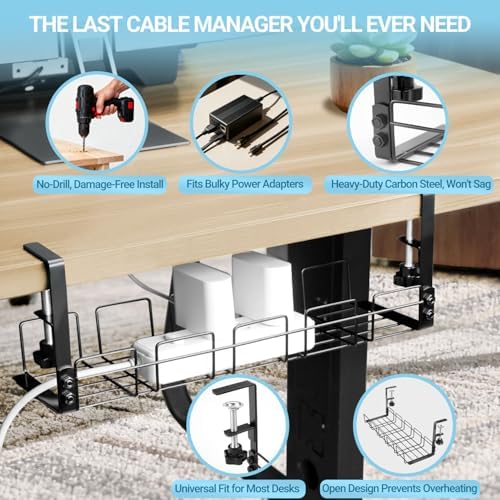 Under Desk Cable Management Tray, 15.7'' Metal Wire Organizer with Clamp, No Drill Desk Cord Rack for Cable Management, Computer Wire Organizer for Office and Home – Sturdy & Scratch-Free - Image 3