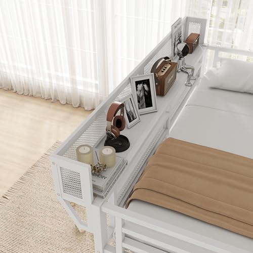 KEIKI Full Size Metal Loft Bed Frame with Desk, Staircase, Built-in Storage Shelves and Wardrobe, Modern Loft Bed with Solid Slats, Guardrail, No Box Spring Required, Easy Assembly, for Bedroom, White - Image 6