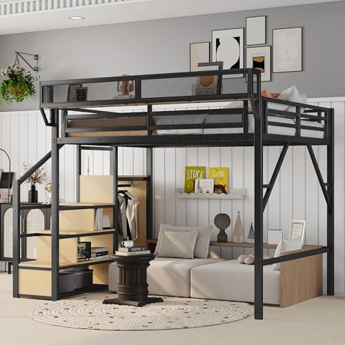 KEIKI Queen Size Metal Loft Bed Frame with Convertible Staircase, Built-in Storage Shelves and Wardrobe, Loft Bed with Solid Slats, Guardrail, No Box Spring Required, Easy Assembly, for Bedroom, Black - Image 4
