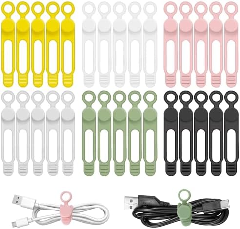30Pcs Silicone Cord Ties for Electronics 3in Reusable Cable Organizer for Charging Cables, Electrical Cords, Computer Wires USB Data Cables 6Colors by CozyNestMo