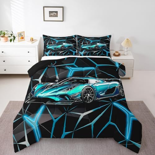 Feelyou Teal Blue Race Car Bedding Set Toddler Size for Kids Boys Extreme Sport Games Comforter Set Teens Toddler Fast and Furious Car Duvet Set Cool Modern Quilt Set 2Pcs - Image 6