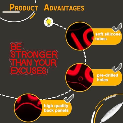 Allball Be Stronger Than Your Excuses Neon Sign, Gym Neon Light Motivational Sign USB Powered LED Dimmable, for Gym Office Classroom Bedroom Bar Gymnastic Athletes Sign(15.7 * 10.6 In) - Image 4