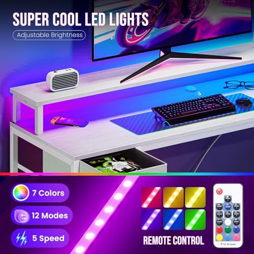 DUMOS 47 Inch Gaming Desk, Monitor Stand, LED Lights, Storage Shelves - Image 6
