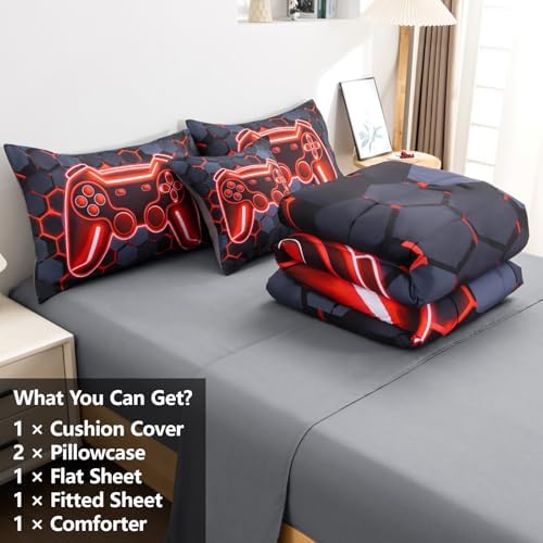 6Pcs Gamer Comforter Set with Sheets for Boys Girls Kids Teens, Colorful Gaming Themed Bed in A Bag Twin Size, Black 3D Video Game Controller Bedroom Decor Bedding Set - Image 5