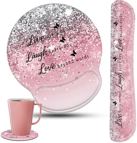 Keyboard Wrist Rest and Mouse Pad Wrist Support Set with Coasters,Ergonomic Gaming Mousepad for Home Office Working Studying Easy Typing & Pain Relief,Live Love Laugh Quote Pink Sparkle Glitter by CICPLKSE