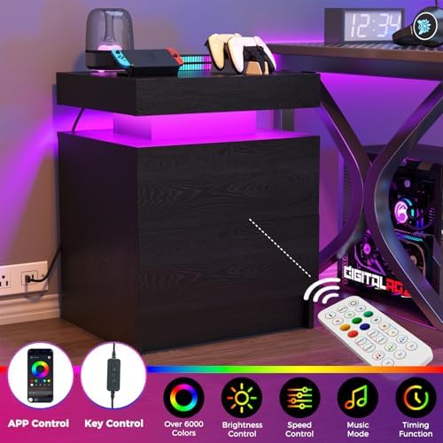 LED Nightstands Set of 2, Modern Black Night Stand End Tables with APP & Remote Control LED Lighting, 2 Drawers, Open Shelf Storage, Bedside Tables for Bedroom and Living Room - Image 4