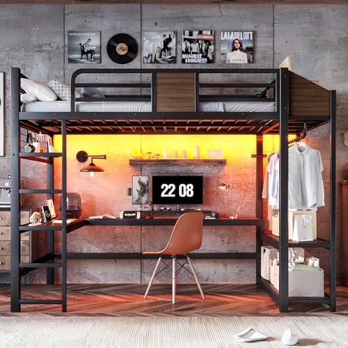 Bellemave Full Size Metal Loft Bed with L-Shaped Desk, LED Lights & Charging Station, Heavy Duty Loft Bed Frame with Hanging Rod and Storage Shelves for Kids, Teens & Adults, Space Saving,Black - Image 3