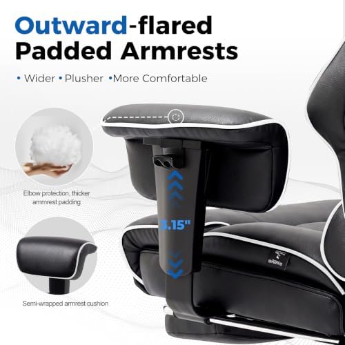 COMHOMA Big and Tall Office Chair,Heavy Duty Gaming Chair with Foot Rest and Wide Pocket Spring Cushion Reclining Height Adjustable for Home Office Work, Comfy Pu Leather Black-White - Image 4