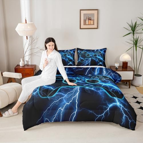 Erosebridal Gaming Queen Comforter Set Gamer Bedding Set, Video Game Consoles Down Comforter Blue Lightning Quilt,Gamer Room Decor for Boys - Image 3