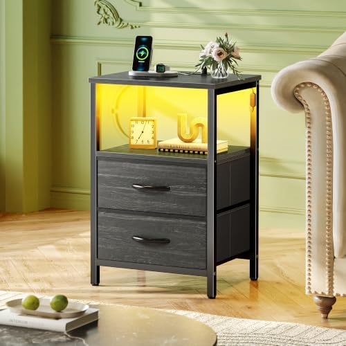 Huuger Night Stand with Charger Station and LED Lights, 2 Drawer Nightstand - Image 2