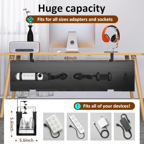48" Gaming Under Desk Cable Management Tray, Black No Drill Cord Organizer for PC Setup, Large Anti-Sag Wire Hider, Stealth Cable Management Net for Battlestation (Black, 47.8") - Image 2