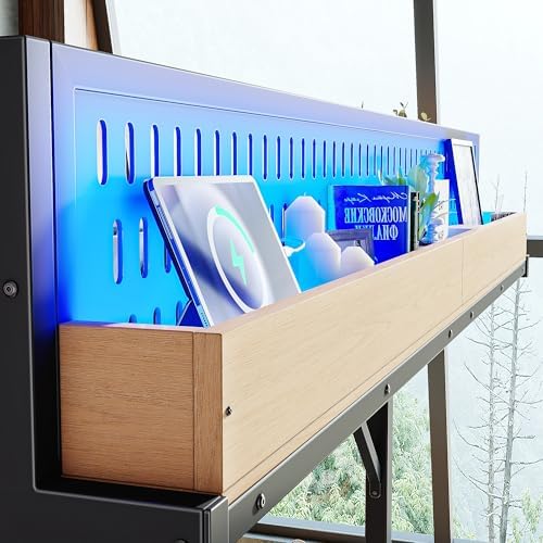 KEIKI Queen Metal Loft Bed with Shelves, Pegboard, USB Ports and LED Lights - Image 7