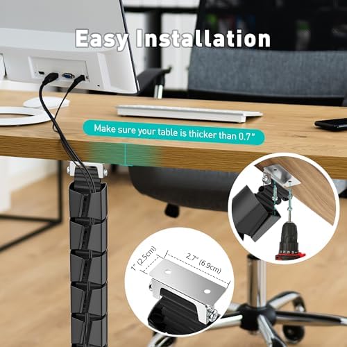 Heavy Duty Screw-in Cable Management Spine, 4-Channel Under Desk Vertebrae Cord Organizer for Wood & Laminate Standing Desks, Adjustable Floor-to-Desktop Wire Raceway with Weighted Base - Image 7