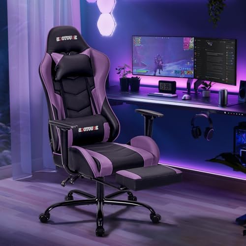 ECOTOUGE Violet Ergonomic PC Massage Gaming Chair with Footrest | Reclining Racing PU Leather, Swivel Rocker, Headrest, Lumbar Pillow, Office Desk Chair, Adjustable Height, Sturdy Base - Image 2