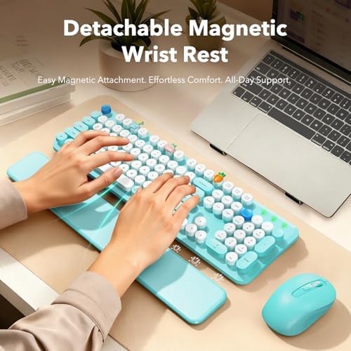 Wireless Keyboard and Mouse Combo, Full-Size Retro Typewriter Keyboard with Round Keycaps, Magnetic Wrist Rest, Tilt Legs, 2.4GHz Cordless for Mac, Windows PC, Laptop, SABLUTE CK23, Robin Egg Blue - Image 2