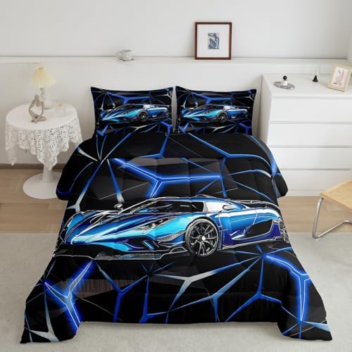 Feelyou Kids Boys Sports Car Comforter Set Queen Size Blue Race Car Comforter for Kids Teens Room Decor Extreme Sports Bedding Set Cool Speed Car Decor Quilt Set Soft for All Season by Feelyou