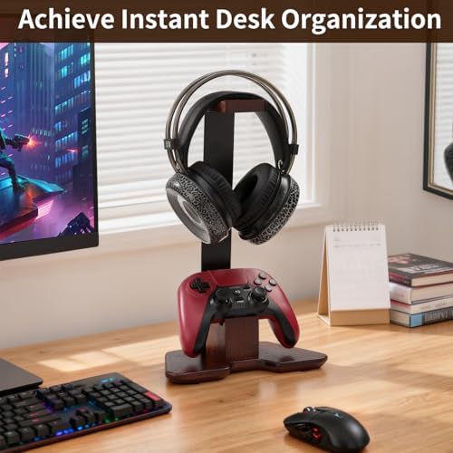 Gaming Headset and Controller Stand, Walnut Wood - Image 5