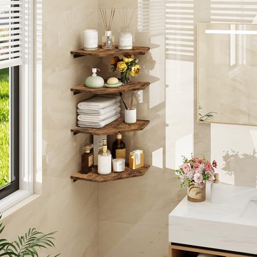 Homode Corner Shelf Wall Mount, Set of 4 Floating Corner Shelves with Cord Hole for Cable Box, Wood Corner Hanging Shelves for Bathroom Bedroom Kitchen, Rustic Brown - Image 2