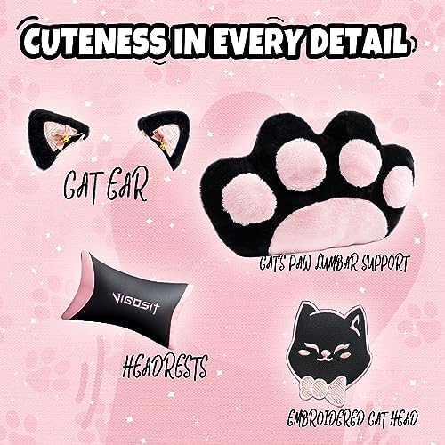 Vigosit Cat Ears Gaming Chair with 310lbs Capacity - PU Leather Ergonomic Reclining Office Chair, Adjustable Lumbar Support, 360° Swivel for Gamers Adults Kids, Black with Pink Accents - Image 4