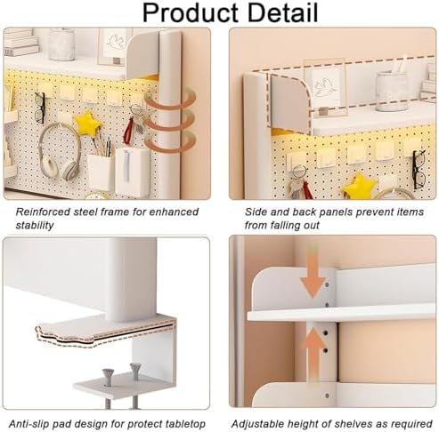Pegboard Wall Organizer Panels.Clamp On Desk Shelf - 2 Tier Pegboard Display Rack for Home Office, Dorm, Gaming, & Computer - 23.6in White Storage Solution - Image 6