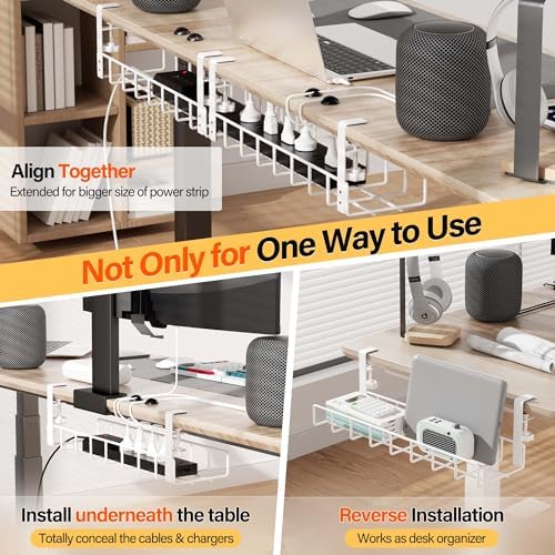 2 Pack Under Desk Tray, 31.4" No Drill Wire Management with Upgraded Clamp, Metal Cord Organizers for Desk, PC Cable Rack, White - Image 4