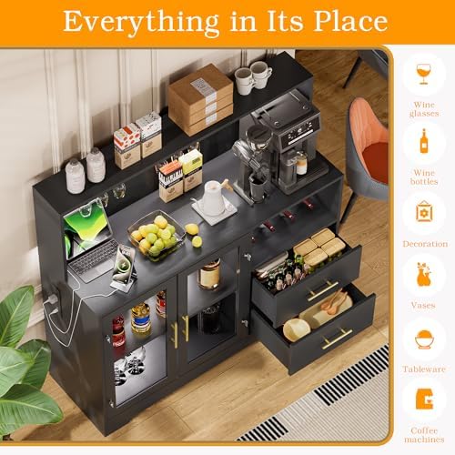 Home Bar Cabinet with Adjustable RGB LED Light, Wine & Coffee Storage with Rack & Drawers, Charging Station, Modern Liquor Cabinet for Living & Dining Room, All-in-One Wine Bar Cabinet (Black) - Image 5