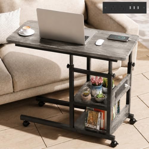 Rolling C Shaped End Table with Charging Station for Couch, Height Adjust by Armocity