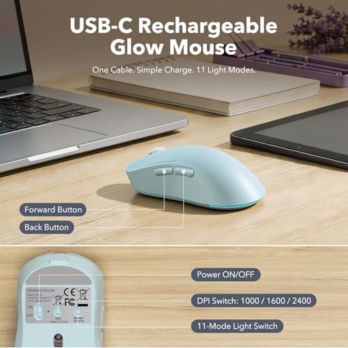 Wireless Keyboard and Mouse Combo, Backlit Round Keycaps, Retro Typewriter Keyboard with Detachable Wrist Rest, Rechargeable & Tilt Legs, 2.4GHz Cordless Connection for Windows/PC (Glowing Blue) - Image 6
