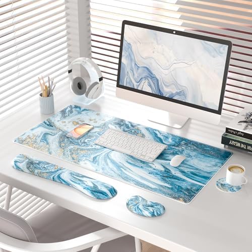 QiyI PU Leather Desk Mat Set, 4-in-1 Ergonomic Wrist Rest, Blue Marble - Image 2