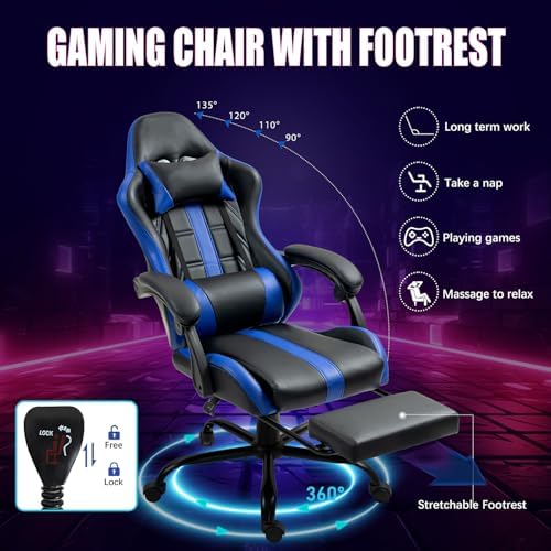 ECOTOUGE Massage Gaming Chair with Footrest & Lumbar Support, Blue | Premium PU Leather; Ergonomic Massage Lumbar; 90-135° Recline; Height Adjustable; Retractable Footrest; 330Lbs Steel Frame - Image 6