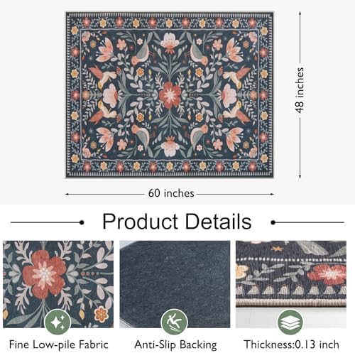 Anidaroel 48"x60" Office Chair Mat for Hardwood Floor/Tile, Black Floor Mat for Office Chairs, Anti-Slip Floral Under Desk Rug for Rolling Chairs, Bird Bug Low Pile Desk Chair Mats for Hardwood - Image 3