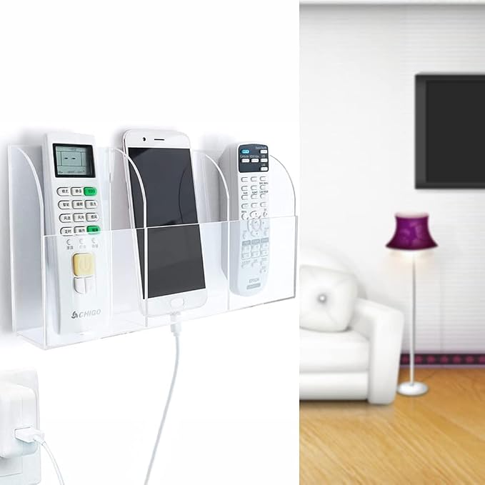 Large Acrylic 3-Slot Wall Mounted Smart Phone Charging Holder Station Clear Hanging TV Remote Controls Holder Media Organizer Wall Pansyling - Image 4
