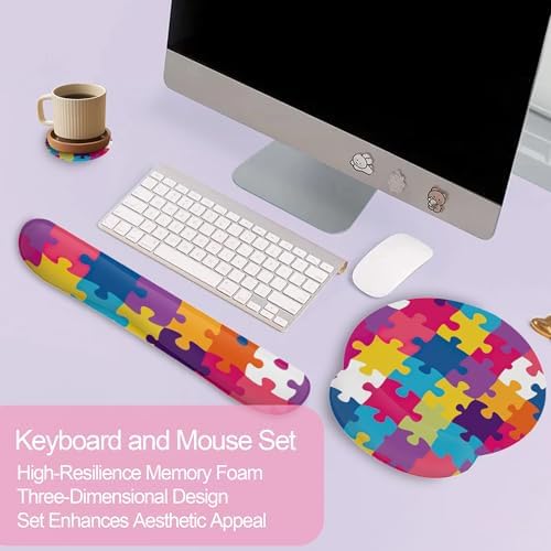 Autism Awareness Puzzle Colorful Keyboard Wrist Rest Pad and Mouse Pad Wrist Support Set,3-in-1 Ergonomic Mouse Pad with Non-Slip Rubber Base for Home Office Game Computers Desk, - Image 3