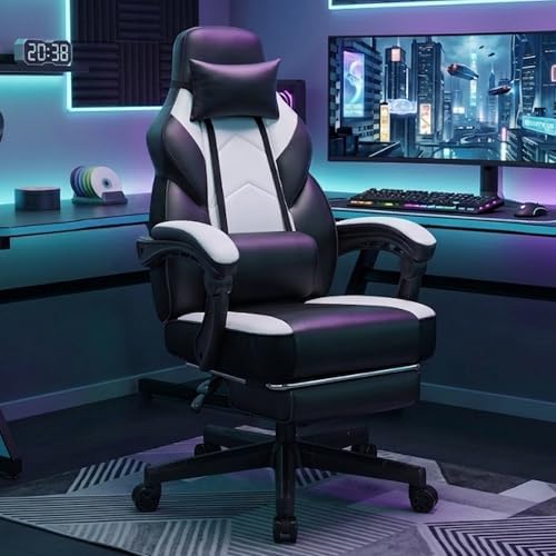 Gaming Chair for Adults, Video Game Chair with Footrest, Big and Tall Gaming Chair Heavy Duty Computer Chair with Massage Lumbar, Ergonomic Adjustable Height and 360° Swivel Seat, PU Leather, White - Image 2