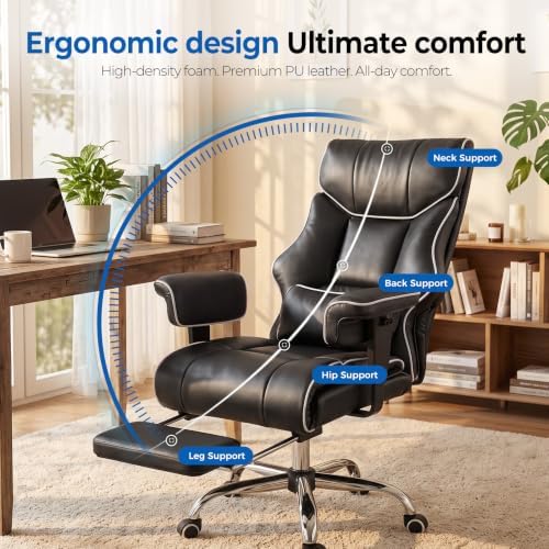 COMHOMA Big and Tall Office Chair,Heavy Duty Gaming Chair with Foot Rest and Wide Pocket Spring Cushion Reclining Height Adjustable for Home Office Work, Comfy Pu Leather Black-White - Image 6