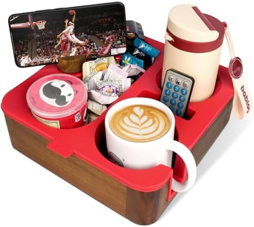Couch Cup Holder Tray, Real Acacia Wooden Caddy with Soft Silicone, Snack and Drink Organizer- Perfect Movie Night Accessories for Bed, Remote and Cup Holders for Sofa (Red) by CouchBuddy