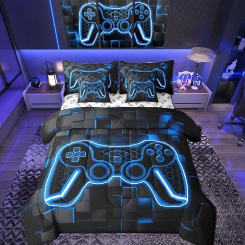 Feelyou Kids Gamer Queen Comforter Set with Sheets Gaming Bedding Set 7 piece for Boys Bedroom Decor Lighting Honeycomb Game Controller Bed in a Bag Blue and Black Geometric Bed Set by Feelyou
