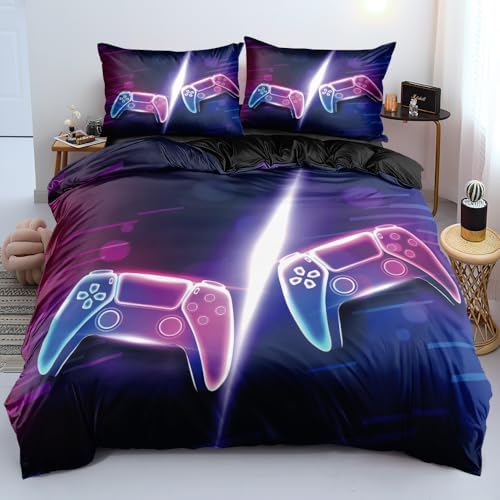 Queen Size Comforter Cover with Pillowcases - Blue and Pink Gamer Theme Bedding Set, Game Controller Print Duvet Cover for Boys & Girls Gaming Room Decor by Holiyjog