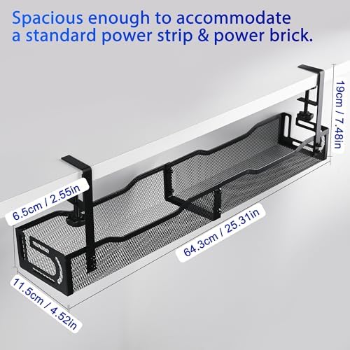 Under Desk Cable Management Tray 25.3 Inch, Clamp-On Cable Organizer Box for Standing Desks, No Drill Cord Management Under Desk, Large Desk Wire Organizer for Office & Home, Black - Image 4