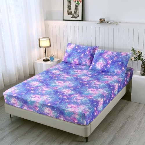 SDIII Colorful Galaxy Fitted Sheet Twin with 2 Pillowcases, Deep Pocket Soft Microfiber Space Bed Sheet Twin Size for Girls Boys Kids and Teens by SDIII
