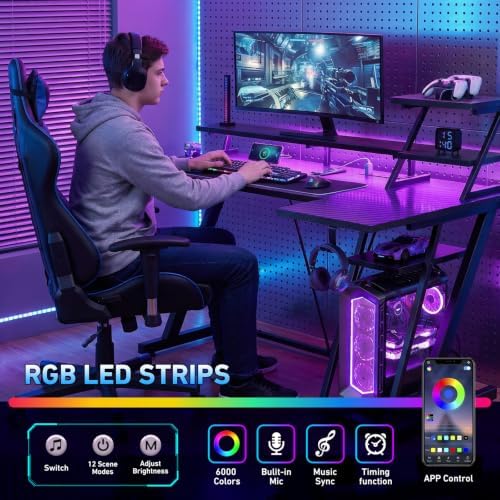Korfile 40 Inch Gaming Desk with LED Lights & Power Outlet, L Shaped Computer Gaming Table with Storage Shelves, Reversible Corner Desk with Monitor Stand for Home Office, Carbon Fiber Black - Image 5