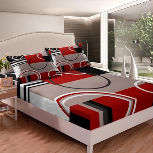 Erosebridal Modern Red Grey Black Stripes Sheet Set Geometric Bed Sheets Full Size Retro Circle Swirls Bedding Set Bedroom Decor Modern Abstract Texture Color Art Fitted Sheet - Image 3