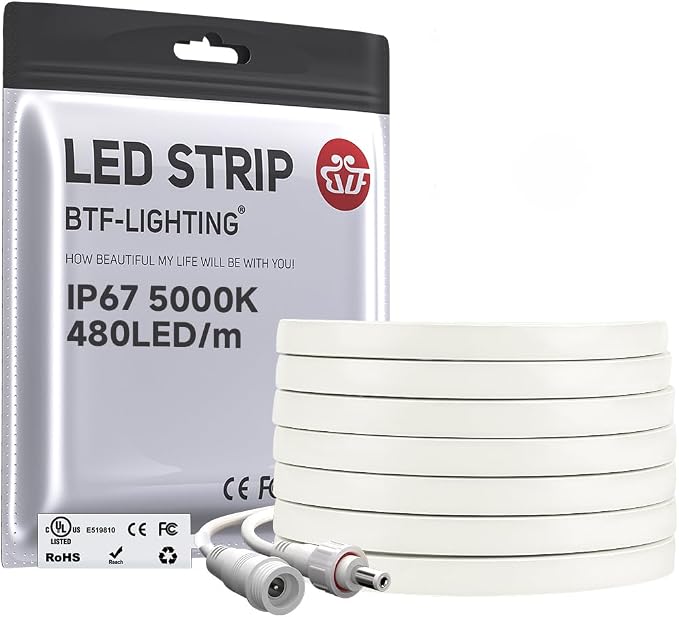 BTF-LIGHTING UL Listed IP67 Waterproof COB LED Strip Daylight White 5000K by BTF-LIGHTING