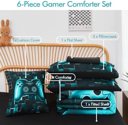 PERFEMET 6-Piece Boys Gamer Comforter Set Full Size Teal Blue Video Game Controller Bedding Comforter Set with Sheets Lightweight 3D Black Gaming Pattern Bed in a Bag for Kids Teen(Teal, Full) - Image 3