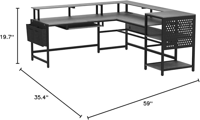 SEDETA L Shaped Gaming Desk, Convertible 96" Home Office Desk or Corner Desk, L Shaped Table with Power Outlets & LED Strip, Monitor Stand, Keyboard Tray, Pegboard and Storage Shelves, Grey - Image 3