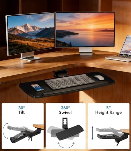 AX WABER Keyboard Tray Under Desk with Storage Drawer, Height Adjustable Keyboard Tray Slide Out 360° Swivel Tilt, Ergonomic Under Desk Mount Keyboard & Mouse Holder for Gaming Home Office, 28''x11'' - Image 4