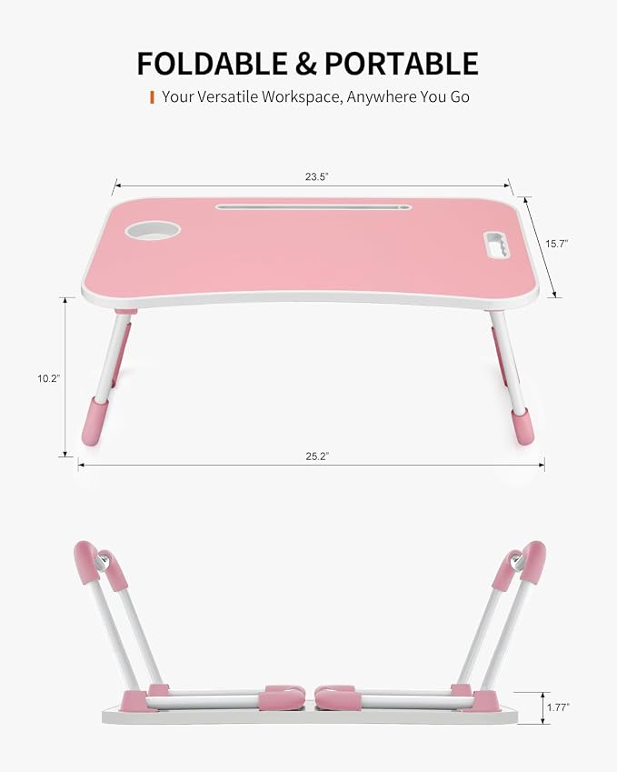 FISYOD Foldable Laptop Table, Portable Lap Desk Bed Table Tray, Laptop Stand with Cup Holder & Tablet Slot & Lifting Handle for Working Writing Drawing & Eating (Pink) - Image 6