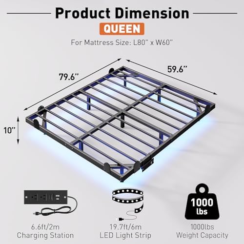 AGXI Floating Bed Frame with LED Lights and Charging Station, 10 Inch Queen Floating Bed Frame, Queen Platform Bed Frame, No Box Spring Needed, Easy to Assemble - Image 2