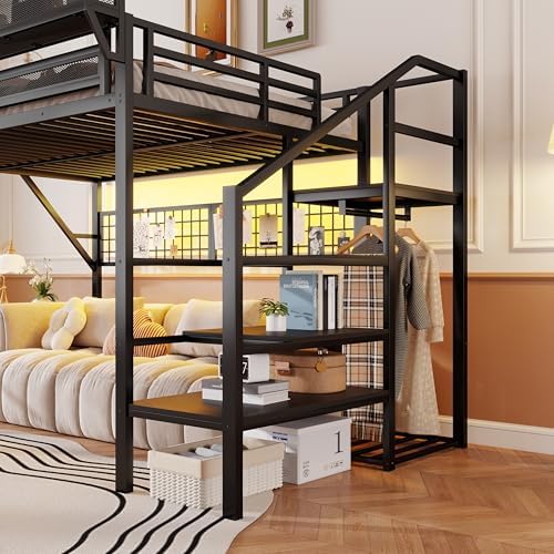KEIKI Queen Size Metal Loft Bed Frame with Grid & Staircase & Built-in Storage Shelves & Wardrobe, Loft Bed with Solid Slats & Guardrail, No Box Spring Required, Easy Assembly, for Bedroom, Black - Image 6