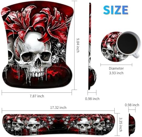 Ergonomic Mouse Pad with Wrist Support Gel Mousepads and Upgrade Keyboard Wrist Rest Pad Set, Coasters Non-Slip PU Base Mouse Mat for Office Gaming Computer Laptop Home, Red Flower Skull - Image 2